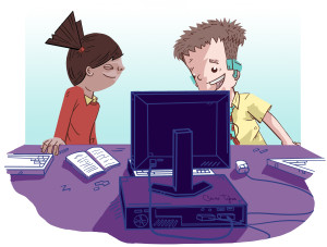 Enterprise in primary schools. Hana and Code-it Cody study their computer.